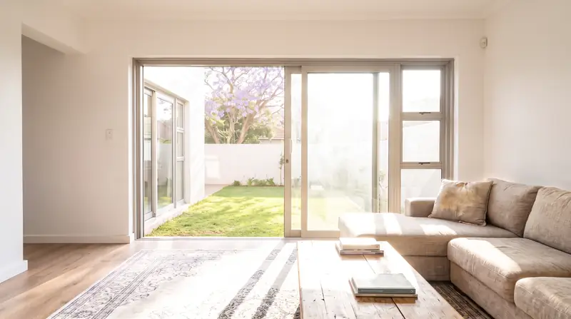 A lounge with harsh afternoon sun on the floor and couch.