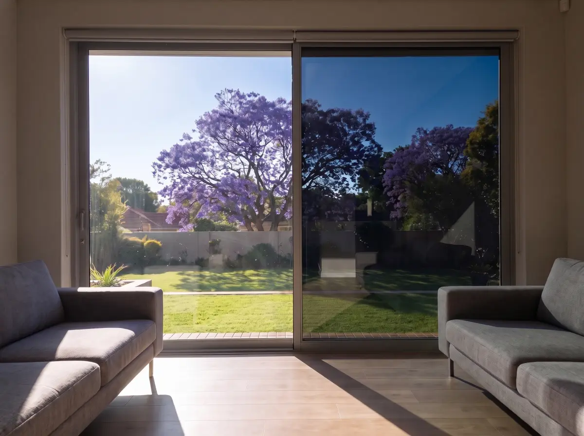 After: the lounge with window tint on all the glass. Clear garden view, soft light, no glare.